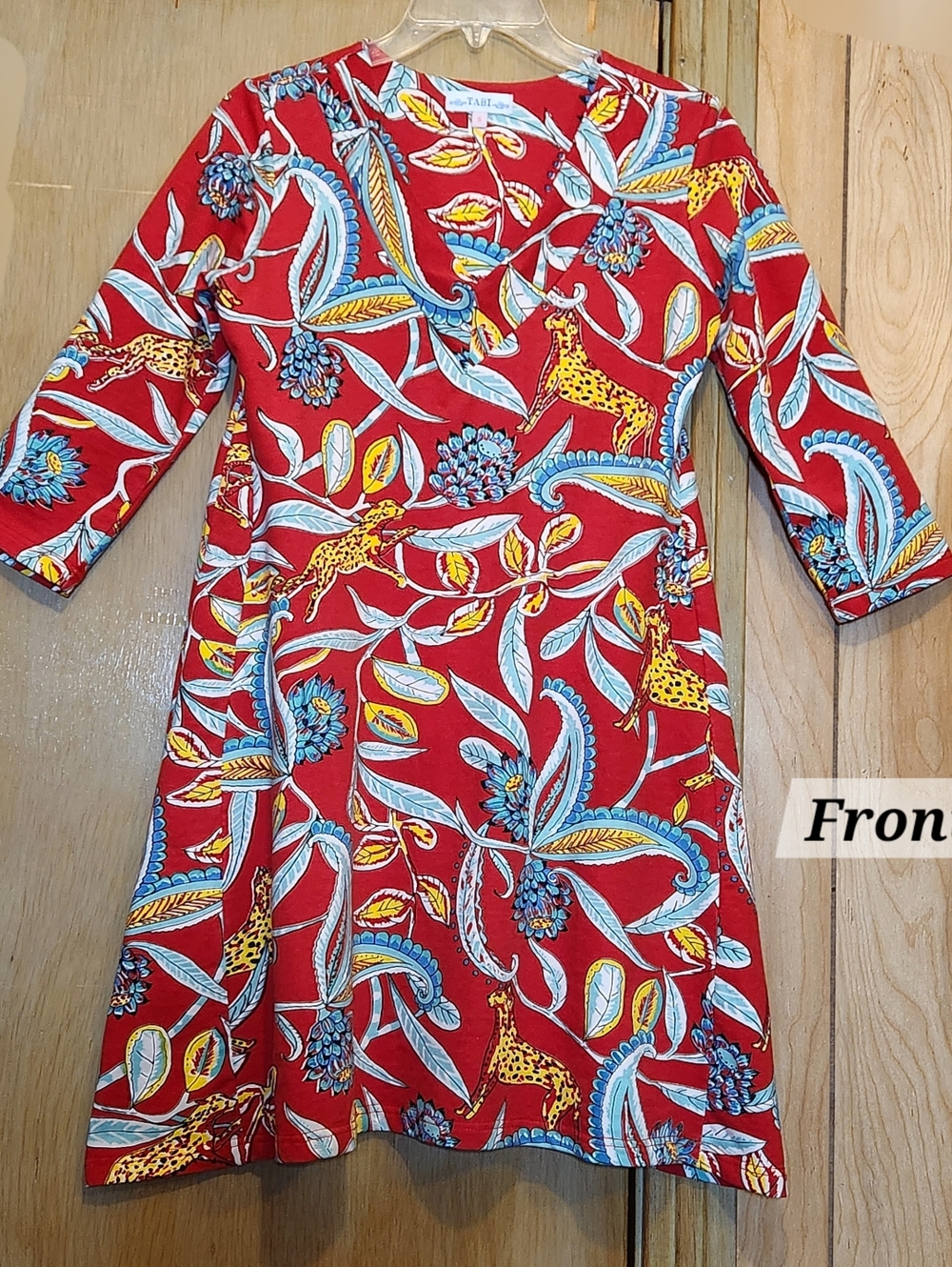 Tabi Dress Womens Sz Sm Red Botanical Leopard Print Stretchy Cotton Jersey
